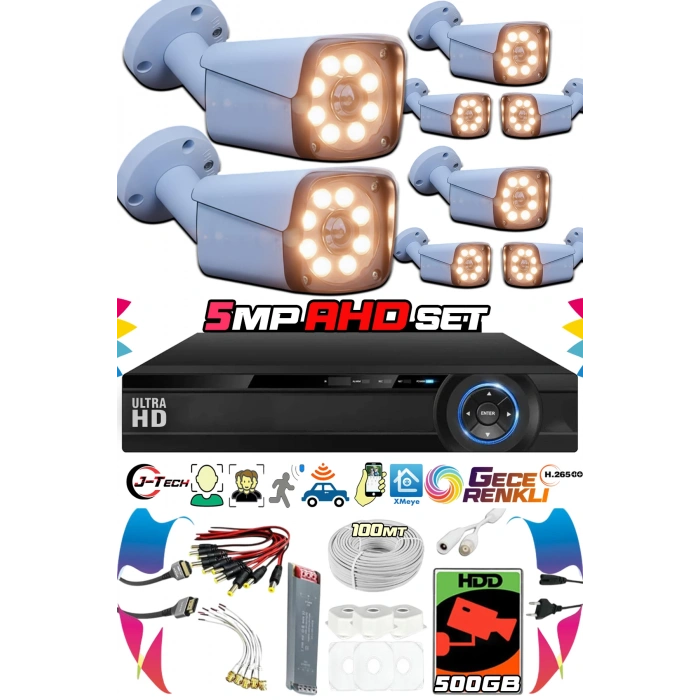 8 Kameralı AHD Set 500GB 3030- 5MP Sony Lensli HD Gece Renkli Güvenlik Kamerası Sistemi -Cepten izle