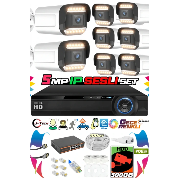 8 Kameralı IP Set 500GB 9070 5MP Mikrofonlu HD Gece Renkli Güvenlik Kamerası Sistemi -Cepten izle