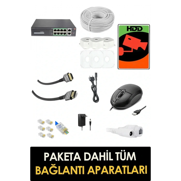 8 Kameralı IP Set 500GB 9070 5MP Mikrofonlu HD Gece Renkli Güvenlik Kamerası Sistemi -Cepten izle