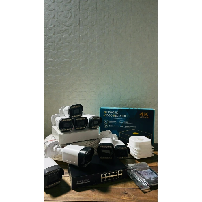 8 Kameralı IP Set 500GB 9070 5MP Mikrofonlu HD Gece Renkli Güvenlik Kamerası Sistemi -Cepten izle