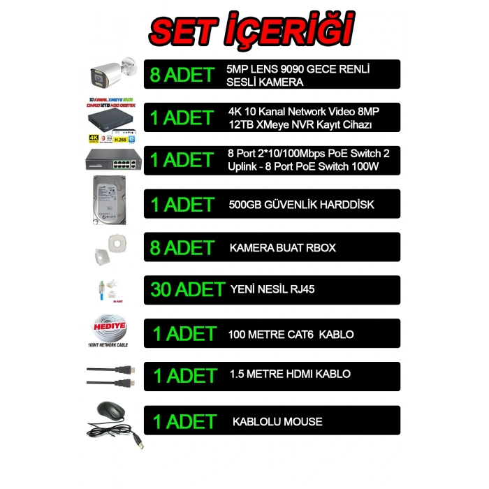 8 Kameralı IP Set 500GB 9090 5MP Mikrofonlu HD Gece Renkli Güvenlik Kamerası Sistemi -Cepten izle