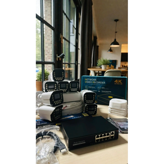 8 Kameralı IP Set 500GB 9090 5MP Mikrofonlu HD Gece Renkli Güvenlik Kamerası Sistemi -Cepten izle