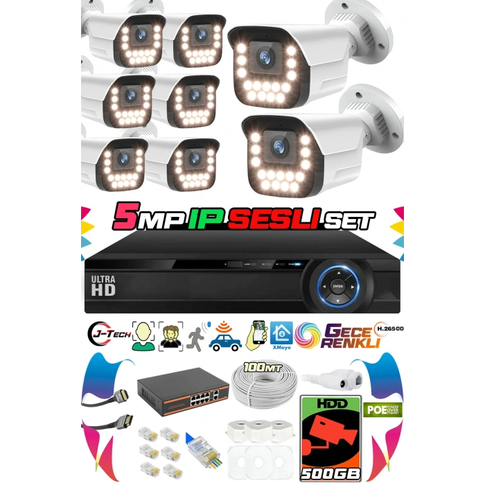 8 Kameralı IP Set 500GB 9090 5MP Mikrofonlu HD Gece Renkli Güvenlik Kamerası Sistemi -Cepten izle
