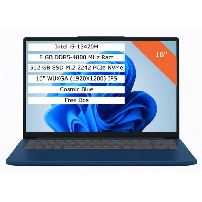 Lenovo IdeaPad Slim 3 83K2001RTR i5-13420H 8G 512G SSD 16 FHD+ 1920x1200 FreeDos Cosmic Blue