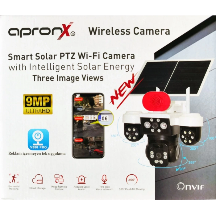 Apronx APX-WP296 9MP 3.6mm Güneş Panelli Solar Wi-Fi Akıllı Kamera