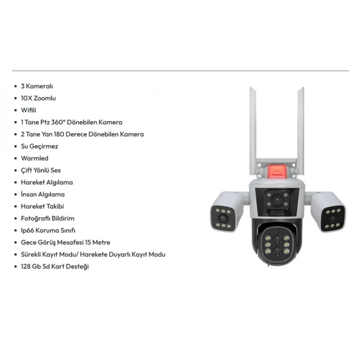 AV-S312X IPC360 APP 3 Kamera 10X Zoom 12MP 360° Renkli Gece Görüş Sesli Görüşme Sirenli Wi-Fi Akıllı Kamera