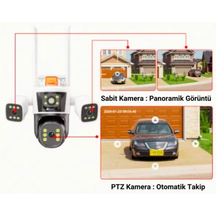 AV-S312X IPC360 APP 3 Kamera 10X Zoom 12MP 360° Renkli Gece Görüş Sesli Görüşme Sirenli Wi-Fi Akıllı Kamera