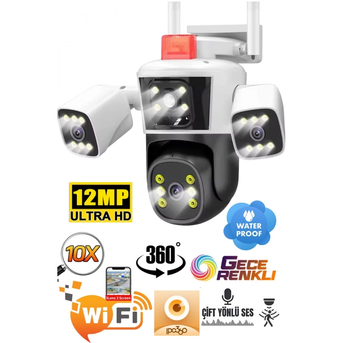 AV-S312X IPC360 APP 3 Kamera 10X Zoom 12MP 360° Renkli Gece Görüş Sesli Görüşme Sirenli Wi-Fi Akıllı Kamera