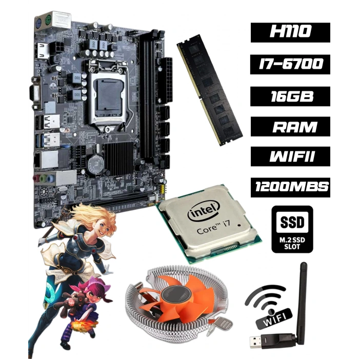 B12895 i7-6700 4.00GHz 8 Çekirdek 16GB RAM H61 1200Mbps WiFi CPU Fan Bundle Anakart Komple SET