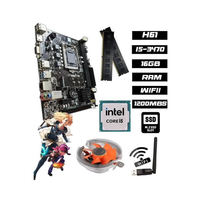 B34 i5-3470 3.60GHz 16GB RAM H61 1200Mbps WiFi CPU Fan Bundle Anakart Komple SET