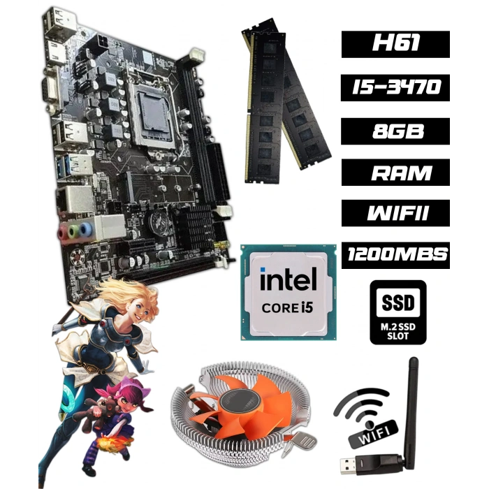 B8G i5-3470 3.60GHz 8GB RAM H61 1200Mbps WiFi CPU Fan Bundle Anakart Komple SET