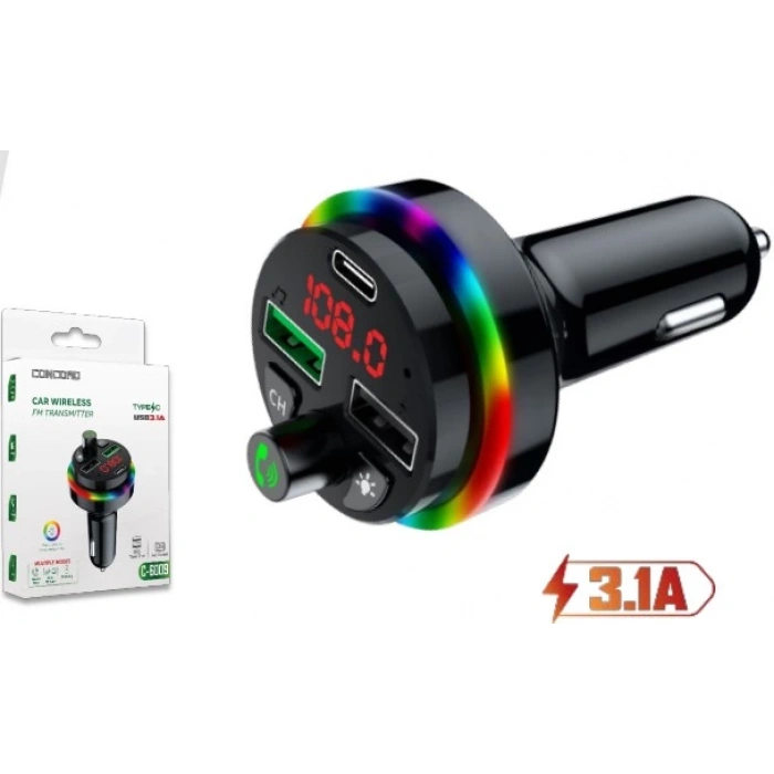 Concord C-6009 Bluetooth Görüşme Ve Müzik Dinleme Ekranlı RGB FM Transmitter PD 3.1A Çift Usb Şarj