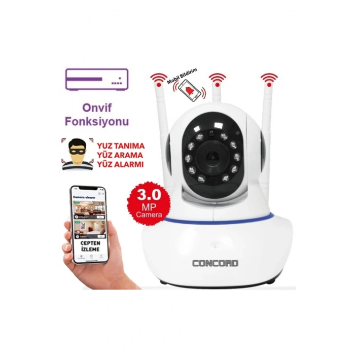 Concord C-630 3.0MP 360 Wi-Fi IP Kamera Türkçe Uygulamalı Bebek Kamerası Android iOS