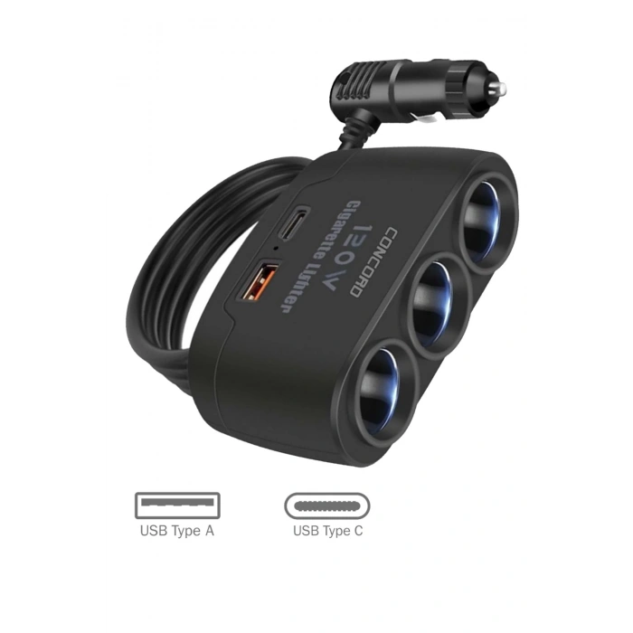 Concord C-778 120W 3 Port Çakmaklık 1 Usb ve Type-C Araç içi Çoklayıcı Hub