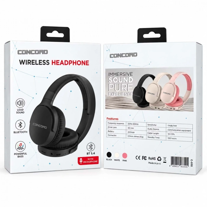 CONCORD C-930 Bluetooth Kablosuz Kulaklık BT/TF Destekli Headset Beyaz