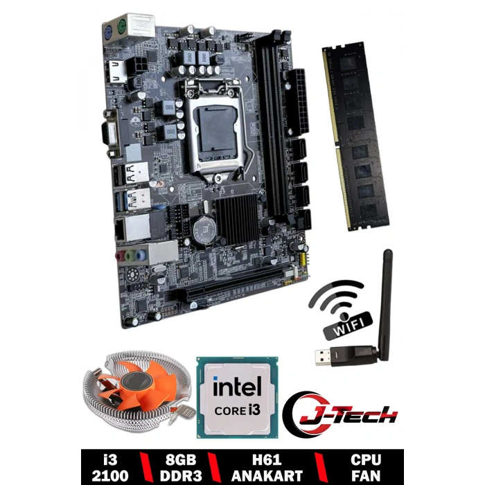 CoreX i3 2100 3.10GHz 8GB RAM H61 WiFi CPU Fan Bundle Anakart Komple SET