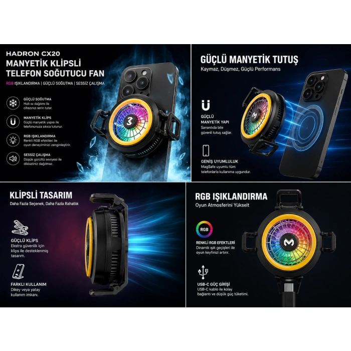 HADRON CX20 Manyetik Klipsli Telefon Soğutucu Fan RGB Siyah