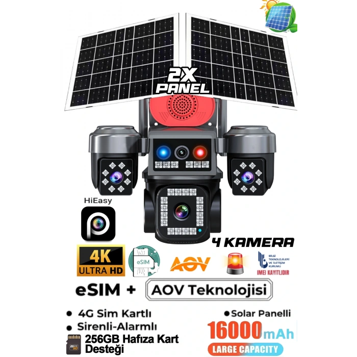 HiEasy APP 4 Kamera 12MP 4K AOV eSİM 4G Gece Renkli Görüş İnsan Takibi Solar PTZ Akıllı Kamera