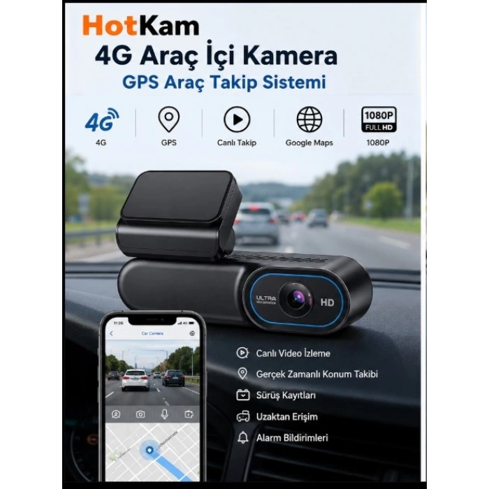 Hotkam 4G Araç İçi Kamera GPS Araç Takip Sistemi Canlı Takip Google Maps 1080P