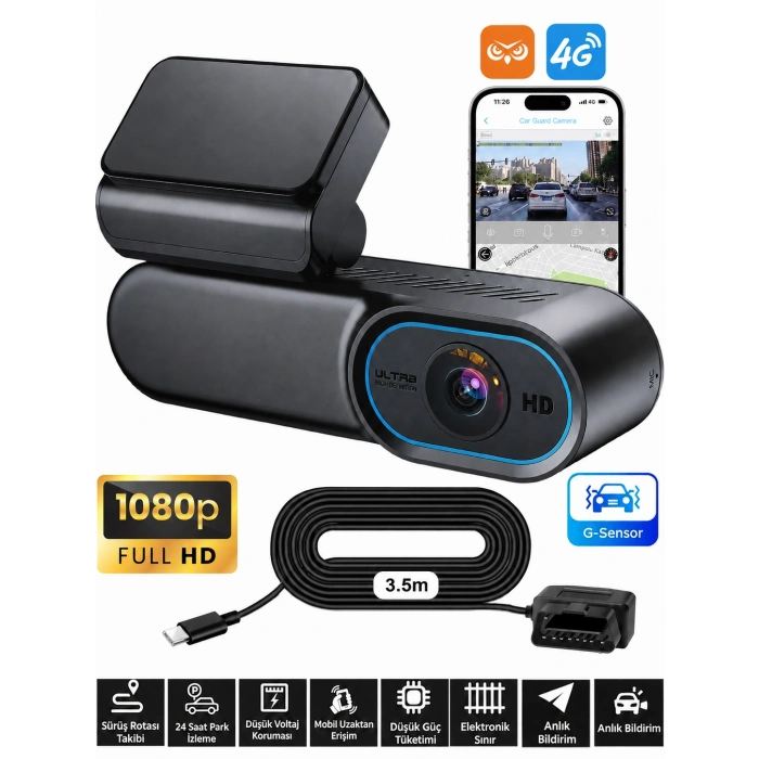 Hotkam 4G Araç İçi Kamera GPS Araç Takip Sistemi Canlı Takip Google Maps 1080P