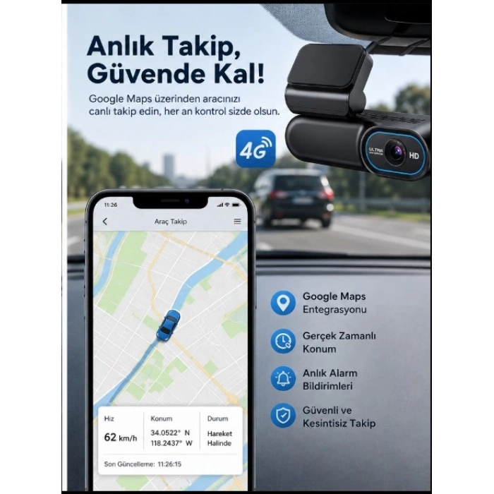 Hotkam 4G Araç İçi Kamera GPS Araç Takip Sistemi Canlı Takip Google Maps 1080P