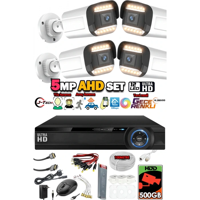 J-TECH 5MP 7070 Renkli Gece Görüşlü 4 Lü 500GB Akıllı Güvenlik Kamera Seti – Yüz ve Araç Tanıma