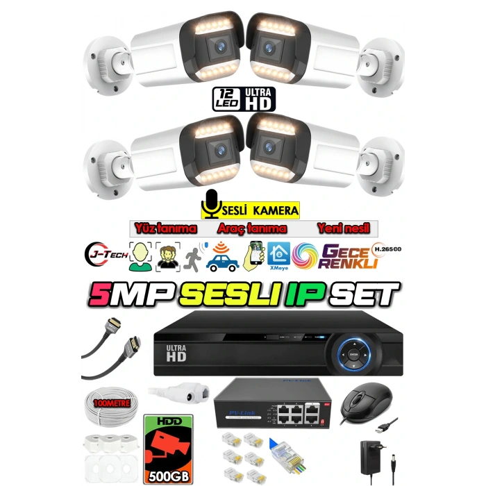 J-TECH 5MP IP Sesli Renkli Gece Görüşlü 4 Lü Akıllı Güvenlik Kamera Seti – Yüz ve Araç Tanıma