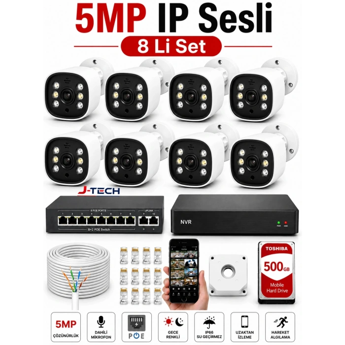 J-TECH 5MP Sesli 8 Li 6066 iP Renkli Gece Görüşlü 500GB Akıllı Güvenlik Kamera Seti – Yüz ve Araç Tanıma