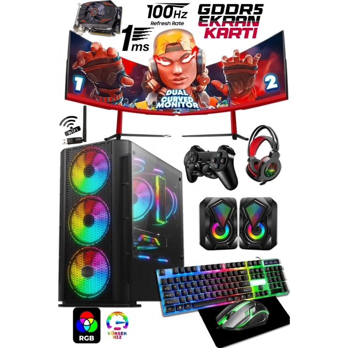 J-TECH Dual i5-3470 3.60GHz 16GB RAM 256GB SSD GDDR5 R7240 4GB 24 Çift Curved Gaming PC