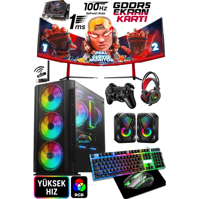 J-TECH Dual i5-3470 3.60GHz 16GB RAM 256GB SSD GDDR5 R7240 4GB 24 Çift Curved Gaming PC