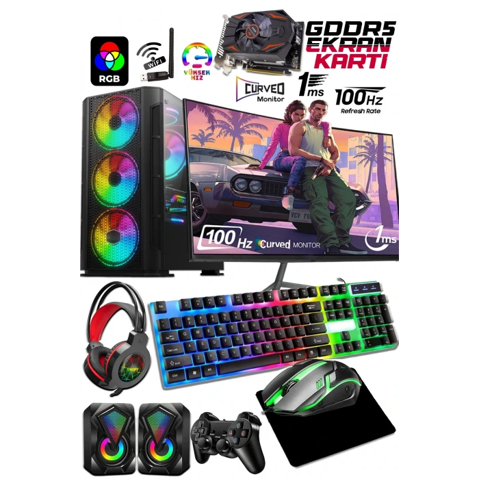 J-TECH G12712 i5-10400F 16GB 512GB SSD GDDR5 R7240 4GB 24 Curved Oyuncu Masaüstü Bilgisayar