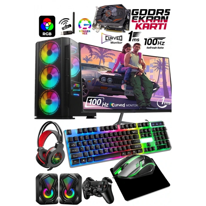 J-TECH G12728 i5 10400F 16GB RAM 512GB SSD GDDR5 R7240 4GB 24 Curved Oyuncu Masaüstü Bilgisayar