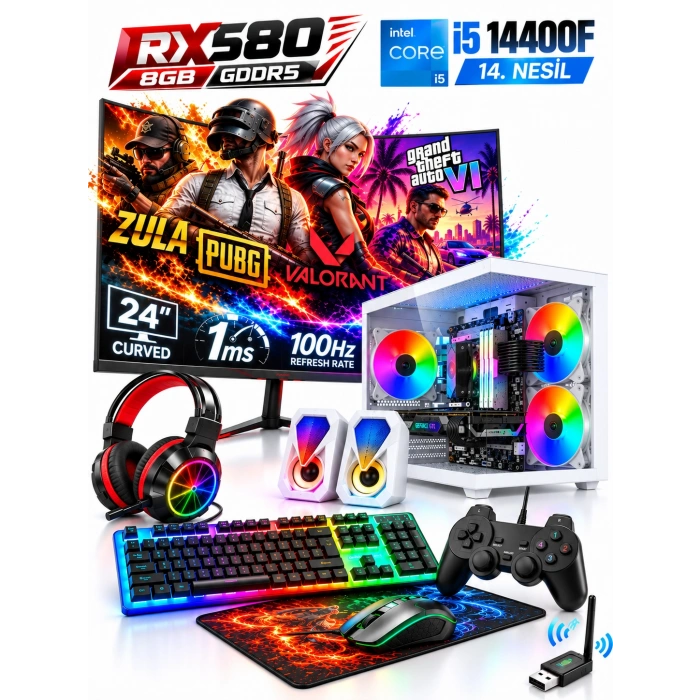 J-TECH Intel Core i5-14400F 14. Nesil 16GB 512GB SSD 8G – RX580 GDDR5 24 Gaming Oyuncu Bilgisayarı — V1183