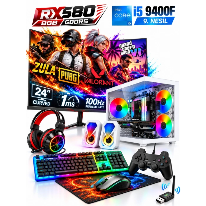 J-TECH Intel Core i5-9400F 16GB 512GB SSD 8G – RX580 GDDR5 24 Gaming Oyuncu Bilgisayarı — V1184