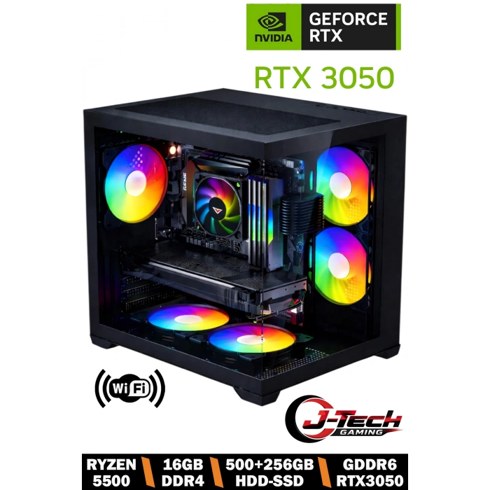 J-TECH Reaper Ryzen5 5500 16GB HDD 500GB+256GB SSD GDDR6 RX3050 Oyuncu Bilgisayarı