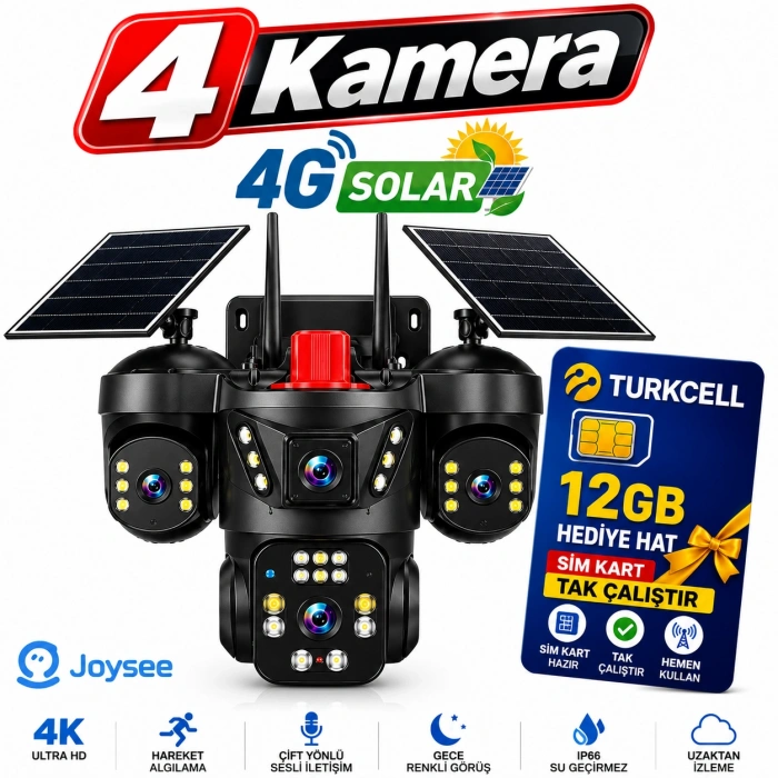 Joysee S4 12MP 4 Kameralı 4G Solar Sim Kartlı PTZ IP Sesli Akıllı Güvenlik Kamera + 12GB SIM Kart Hediye