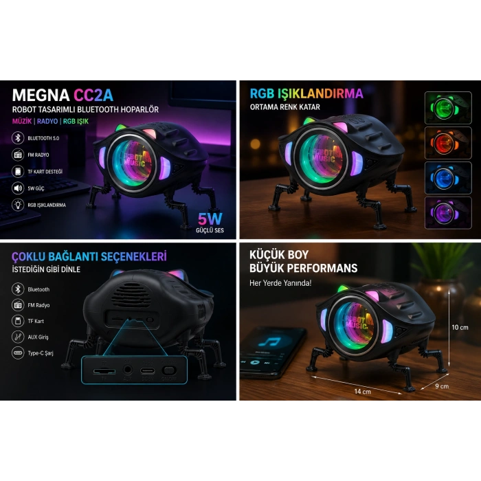 MEGNA CC2A Bluetooth Masaüstü Hoparlör FM Radyo 5W TF RGB Robot Tasarımlı