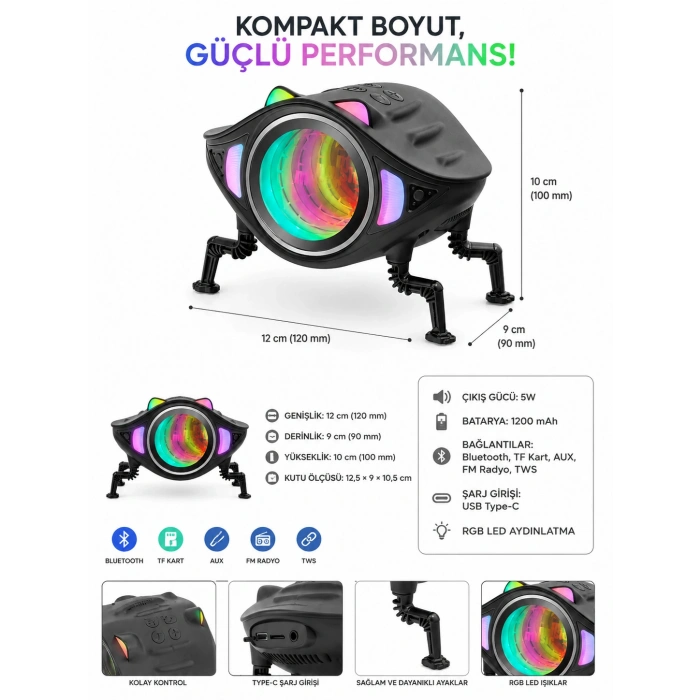 MEGNA CC2A Bluetooth Masaüstü Hoparlör FM Radyo 5W TF RGB Robot Tasarımlı