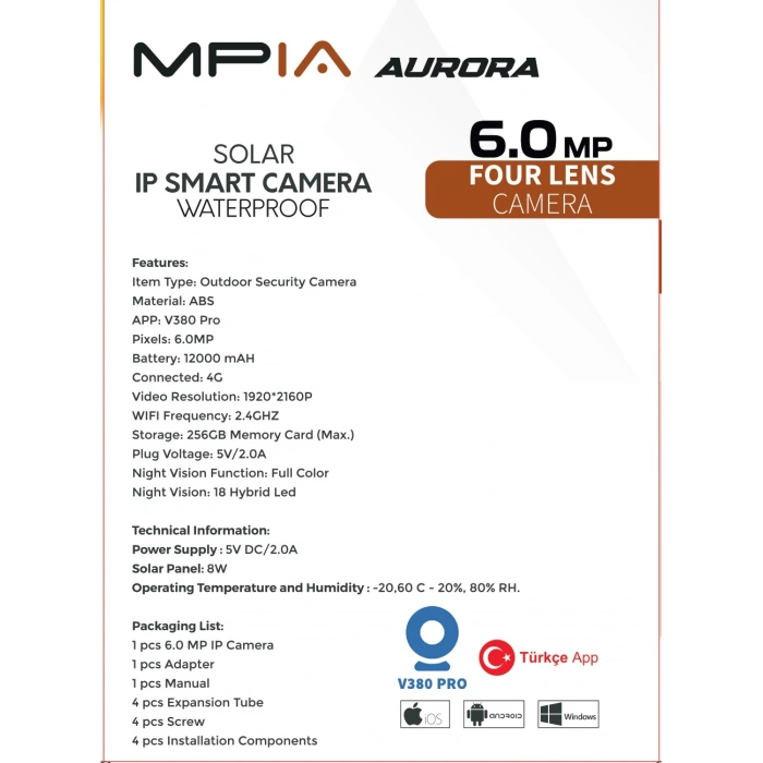 MPIA Aurora 3 Kameralı 4G 6MP 4K Sim Kart Hediye Güneş Panel 4 Lens Solar 12000mAH Alarmlı Mikrofon 360 PTZ Türkçe Uygulama Güvenlik Kamera