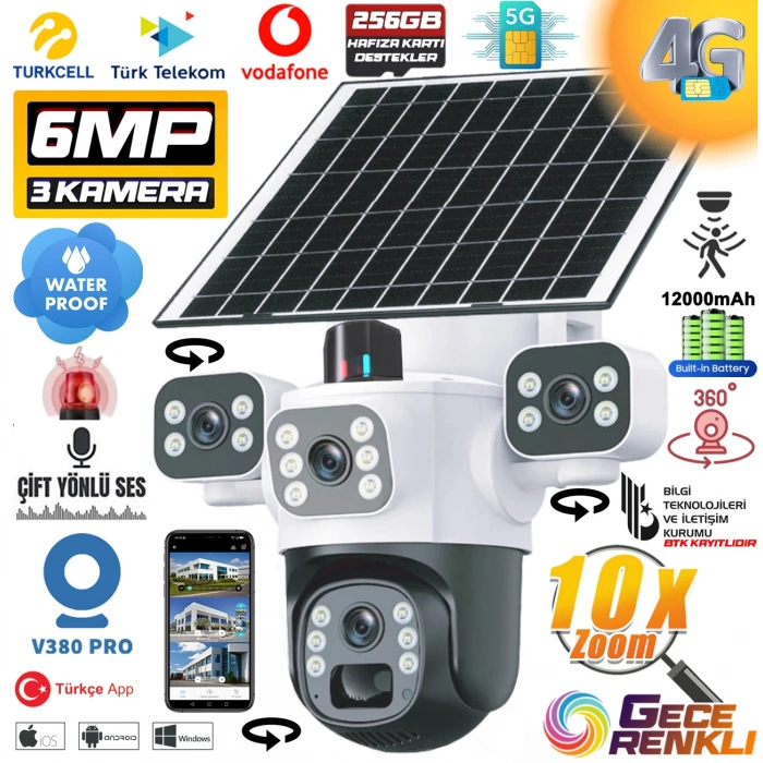 MPIA Aurora 3 Kameralı 4G 6MP 4K Sim Kart Girişli Güneş Panel 4 Lens Solar 12000mAH Alarmlı Mikrofon 360 PTZ Türkçe Uygulama Güvenlik Kamera