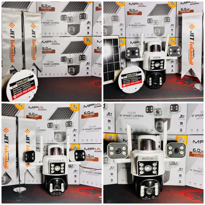 MPIA Aurora 3 Kameralı 4G 6MP 4K Sim Kart Hediye Güneş Panel 4 Lens Solar 12000mAH Alarmlı Mikrofon 360 PTZ Türkçe Uygulama Güvenlik Kamera