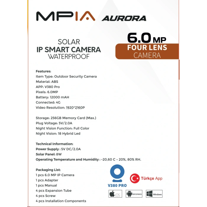 MPIA Aurora 3 Kameralı 4G 6MP 4K Sim Kart Girişli Güneş Panel 4 Lens Solar 12000mAH Alarmlı Mikrofon 360 PTZ Türkçe Uygulama Güvenlik Kamera
