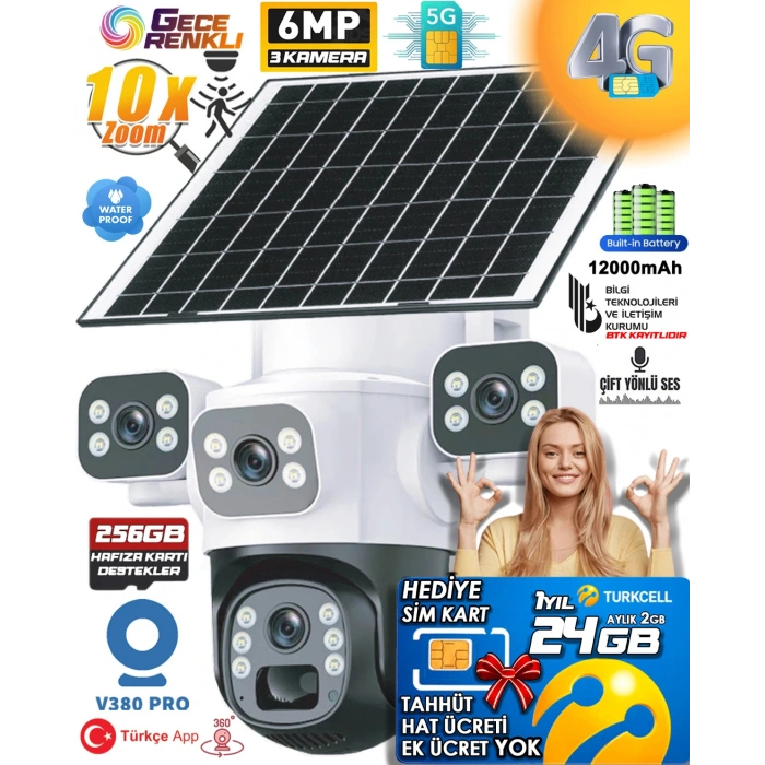 MPIA Aurora 3 Kameralı 4G 6MP 4K Sim Kart Hediye Güneş Panel 4 Lens Solar 12000mAH Alarmlı Mikrofon 360 PTZ Türkçe Uygulama Güvenlik Kamera