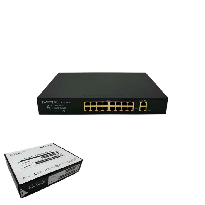 MPIA MP-POE16 250W 10/100 /1000 Mbps 16 Port Metal Kasa Poe Switch
