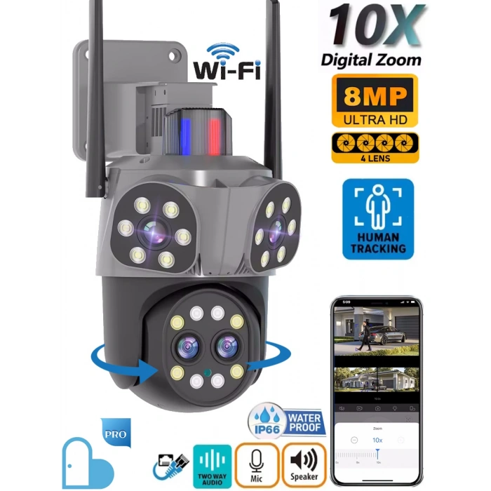 Mpia Orino 4 Lens 10X Zoom 8MP 360° Görüş Hareketli Waterproof Gece Görüş Sesli Görüşme Akıllı Kamera