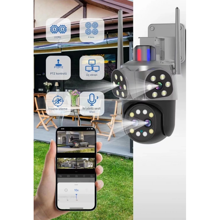 Mpia Orino 4 Lens 10X Zoom 8MP 360° Görüş Hareketli Waterproof Gece Görüş Sesli Görüşme Akıllı Kamera