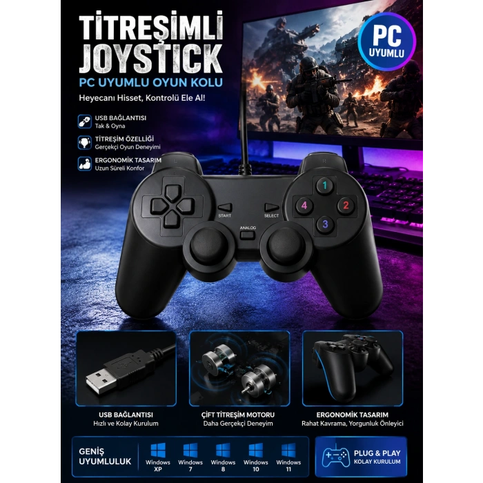 Platoon PL-2596 PC Uyumlu Titreşimli Joystick Oyun Kolu Gamepad
