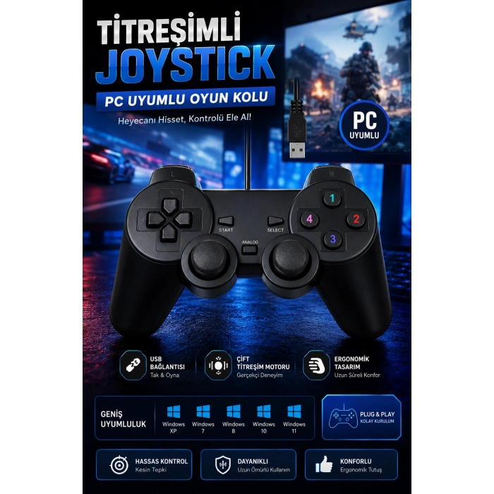 Platoon PL-2596 PC Uyumlu Titreşimli Joystick Oyun Kolu Gamepad