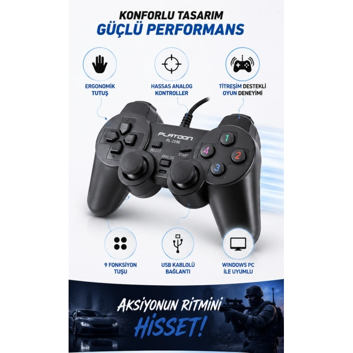 Platoon PL-2596 PC Uyumlu Titreşimli Joystick Oyun Kolu Gamepad
