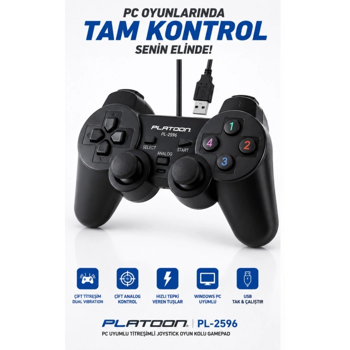 Platoon PL-2596 PC Uyumlu Titreşimli Joystick Oyun Kolu Gamepad